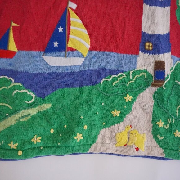 Vintage Quacker Factory Red Knit Nautical Lighthouse Cotton Crew Sweater 1X - Picture 4 of 9